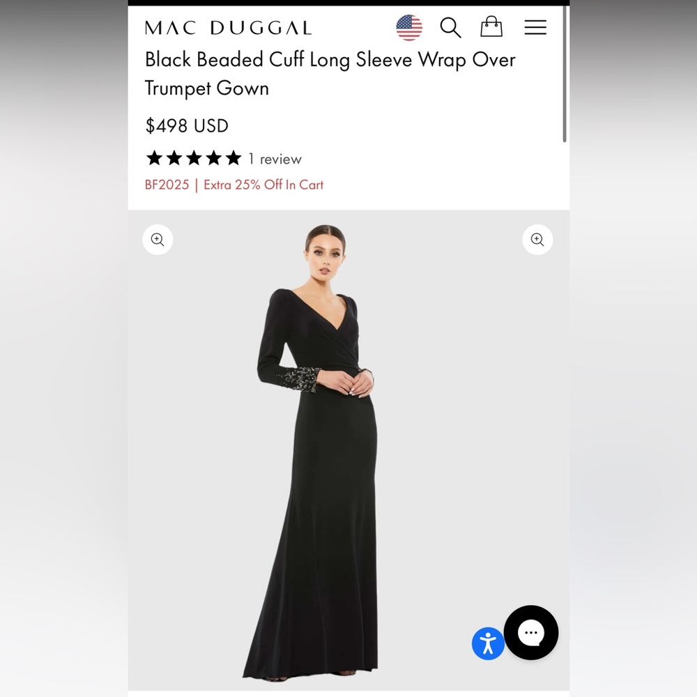 Mac Duggal Black Beaded Cuff Long Sleeve Wrap Over Trumpet Gown